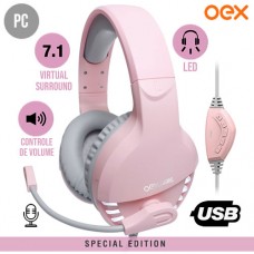 Headset Gamer USB Ajustável para PC 7.1 Virtual Surround com Microfone Flexível e LED Pink Fox OEX HS414 - Rosa